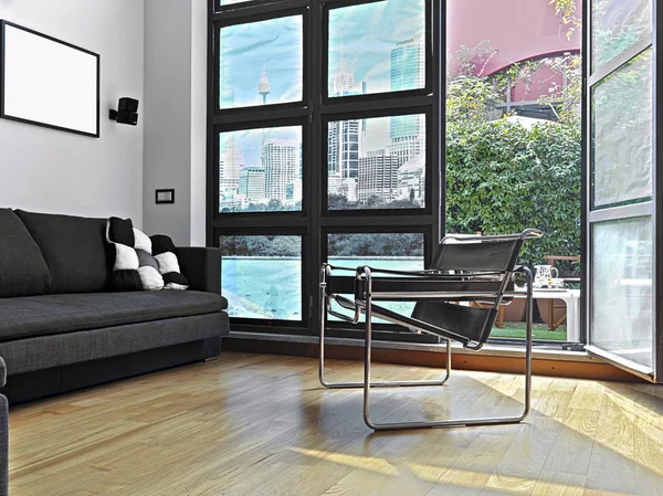 Leather and steel armchair in a modern living room — Stock Photo, Image