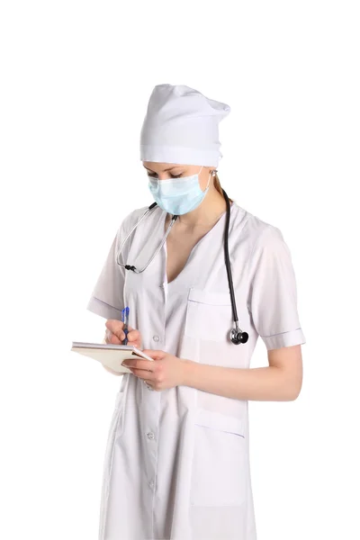 Doctor With Stethoscope Writing Down Diagnosis — Stock Photo, Image