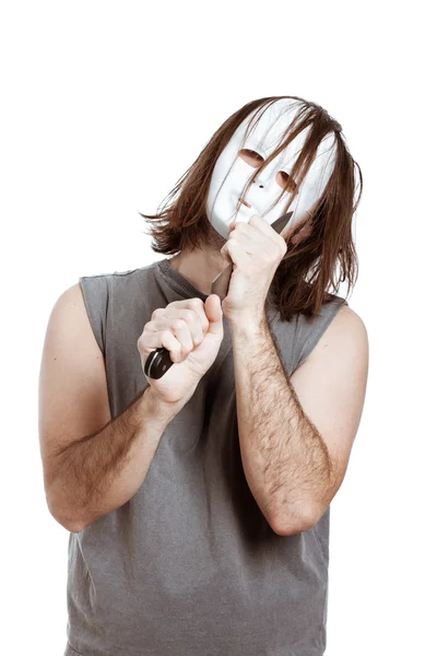 Scary bizarre masked man with knife — Stock Photo, Image