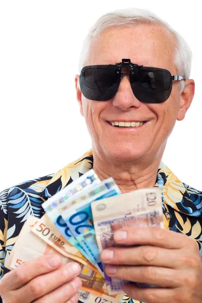 Happy rich elderly man with money — Stock Photo, Image