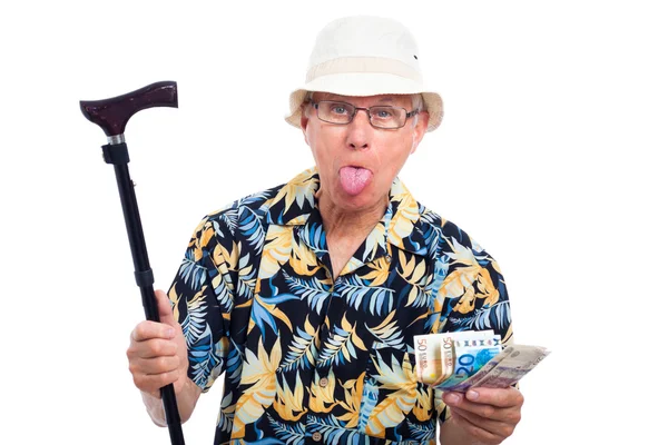Rich elderly man making funny faces — Stock Photo, Image