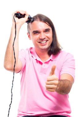 Happy man shaving hair clipart