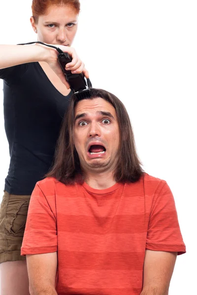 Chocado homem de cabelos longos e cabeleireiro — Fotografia de Stock
