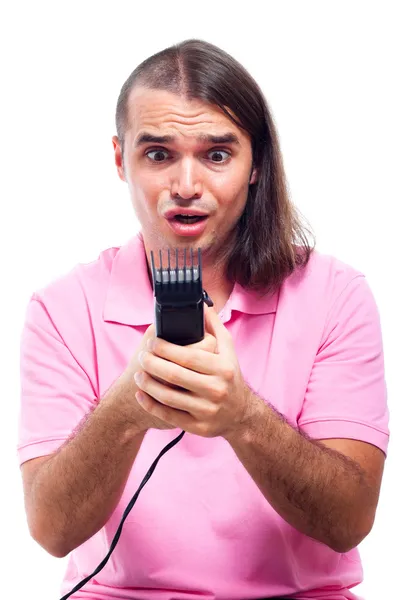 Wstrząśnięty pół łysy mężczyzna z włosów trymer — Zdjęcie stockowe