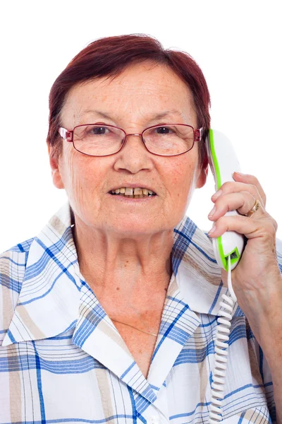 Mulher idosa feliz ao telefone — Fotografia de Stock