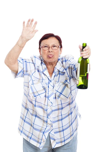 Divertente anziana donna ubriaca — Foto Stock