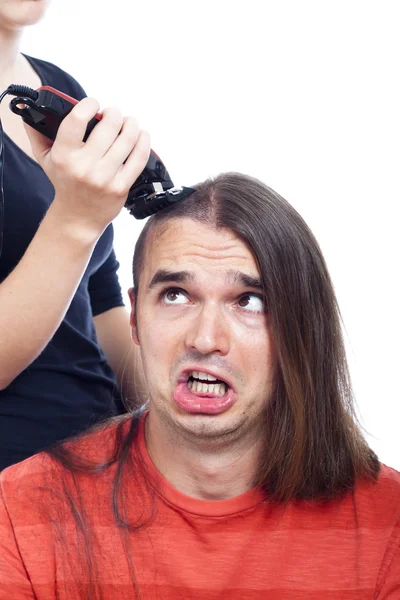 Homem infeliz e cabeleireiro detalhe — Fotografia de Stock