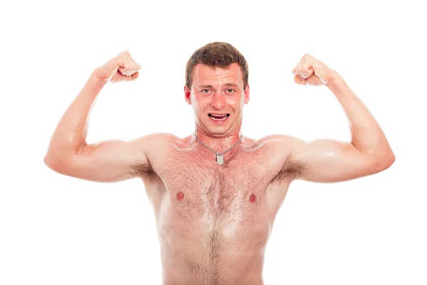 Svalnatý sportovní muž zobrazeno biceps — Stock fotografie