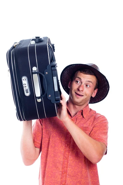 Счастливый взволнованный человек путешественник с багажом — стоковое фото