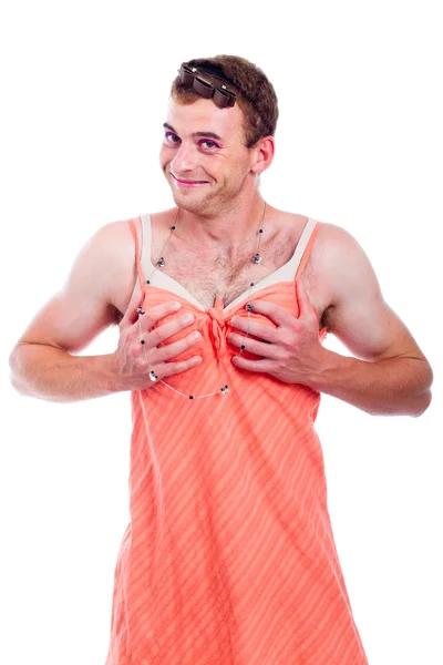 Trzymając jego piersi Transwestyta — Zdjęcie stockowe