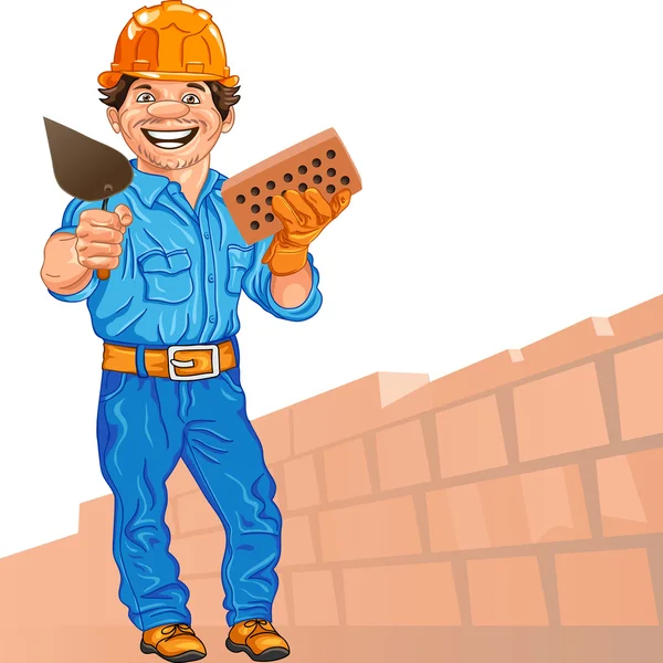 Vetor construtor pedreiro alegre no capacete laranja com bri —  Vetores de Stock