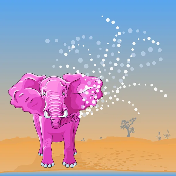 Vector del elefante rosa vierte agua del tronco — Vector de stock