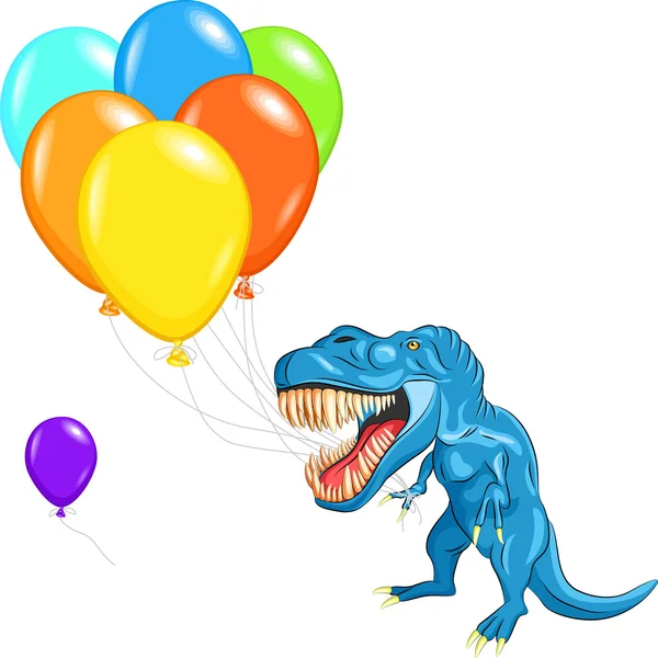 Vector happy blue dinosaur tyrannosaurs with multi-colored ballo — Stock Vector