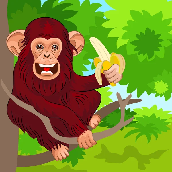 Vector mono feliz chimpancé en la selva con plátano — Vector de stock