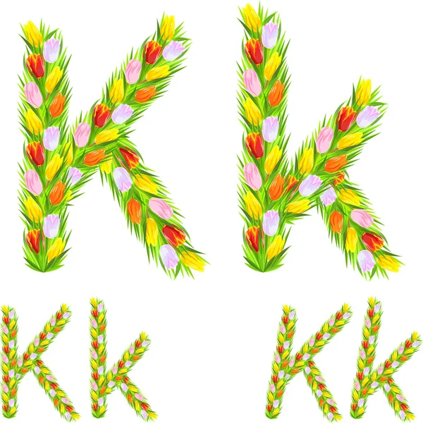 Tipo de fonte vetorial letra K feita de flor tulipa — Vetor de Stock