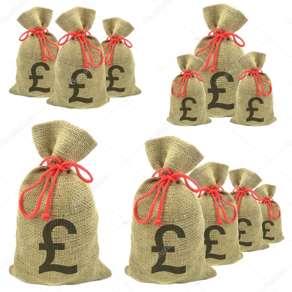 Bags of money with Pounds Sterling