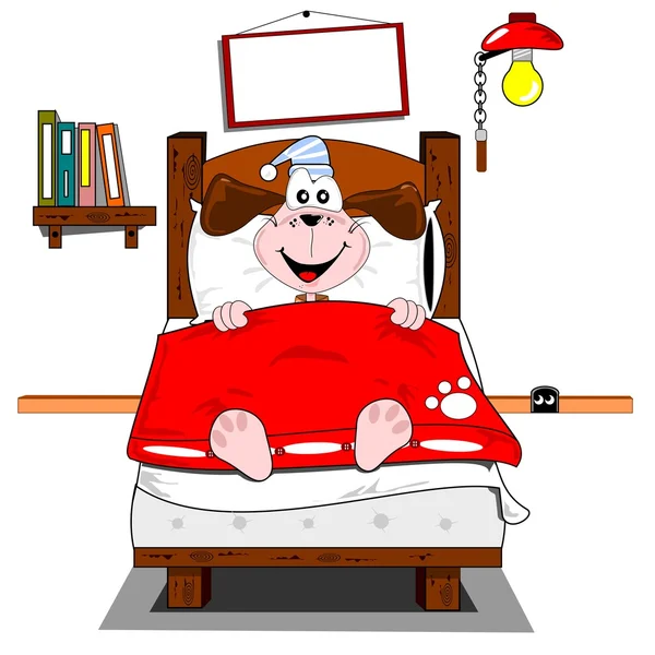 Un perro de dibujos animados acostado en la cama — Vector de stock