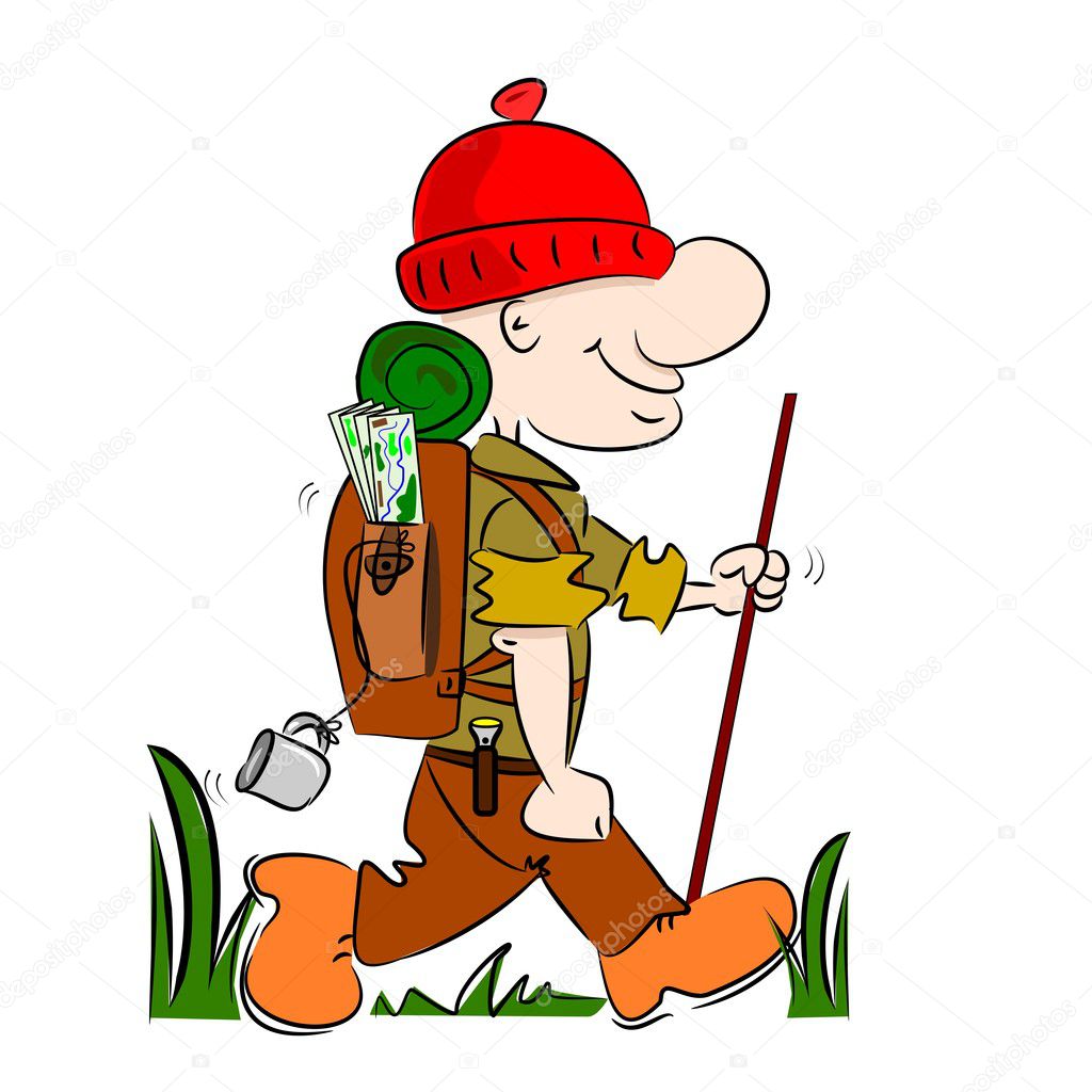 A cartoon hiker rambler going camping