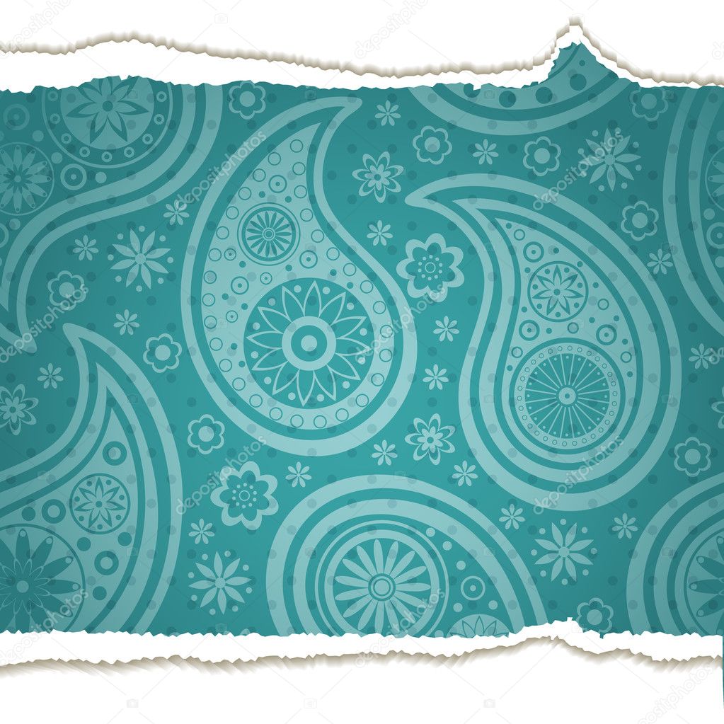 Torn paper with a paisley pattern.