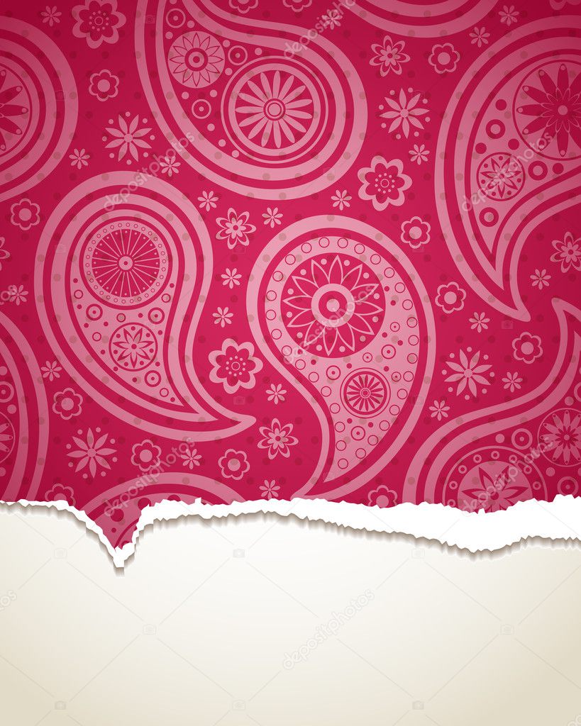 Torn paper with a paisley pattern.