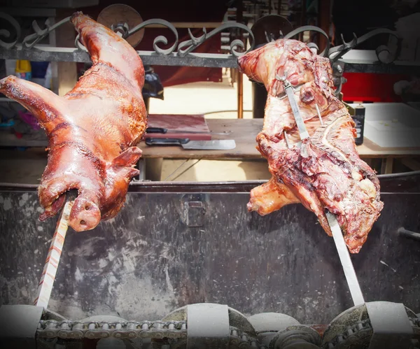 stock image Delicious BBQ pork at open air. Spain