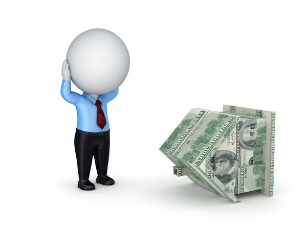 Stressed 3d small person and house made of money. — Stock Photo, Image
