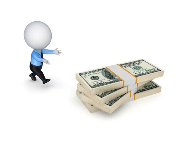 3d small person running to a dollars. — Stock Photo, Image