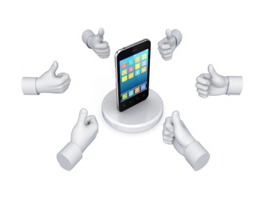 Hands with thumbs up around modern mobile phone. clipart