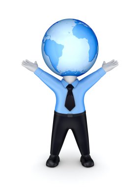 3d small person with a globe on a head. clipart