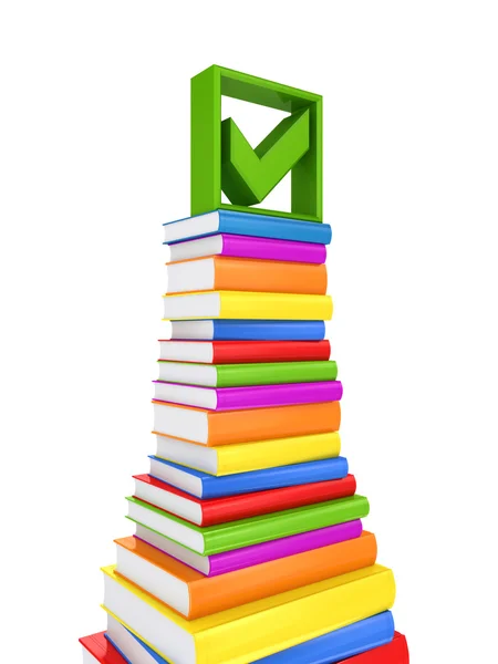 Grüne Häkchen auf einem großen Stapel bunter Bücher. — Stockfoto