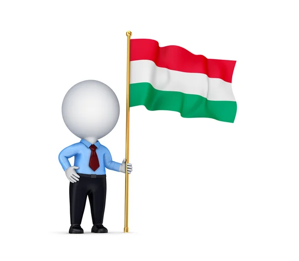 3d persona pequeña con una bandera húngara en una mano . —  Fotos de Stock