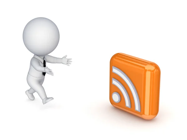3d small person running to a RSS symbol. — Stock Photo, Image