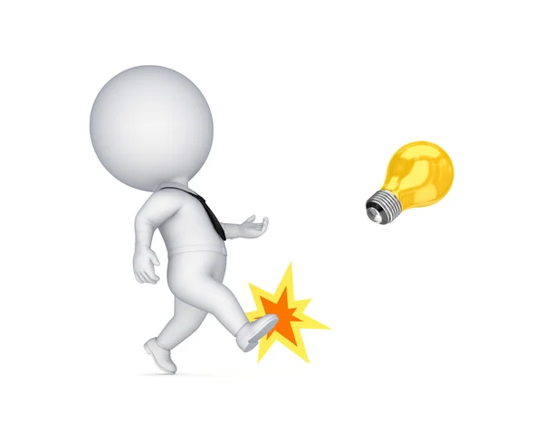 3d small person kicking a yellow lamp. — Stock Photo, Image