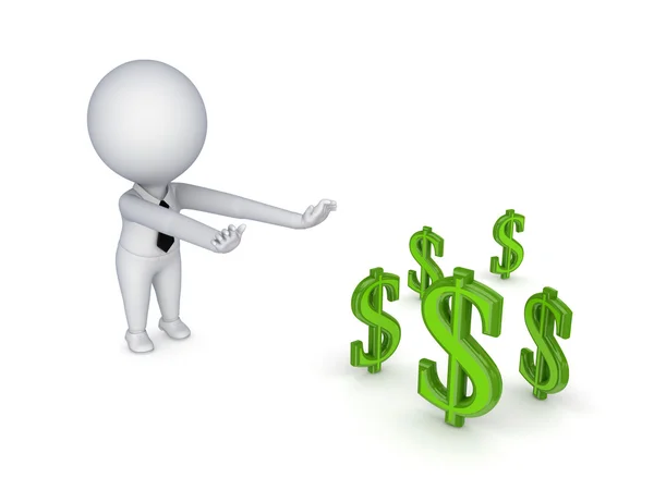 3d small person pulling hands to dollar signs. — Stock Photo, Image