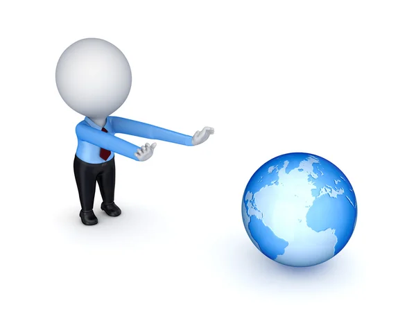 3d small person pulling hands to a big globe. — Stock Photo, Image