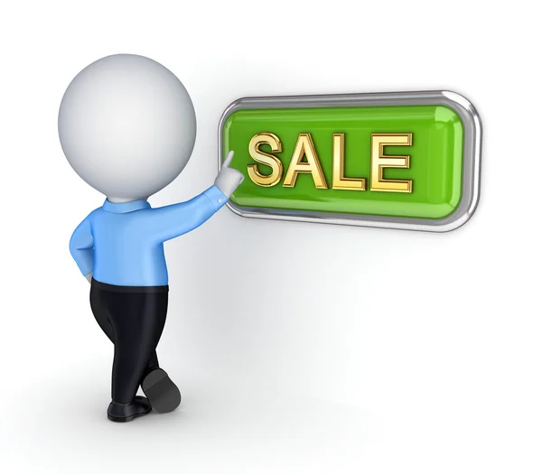 3d small person pushing SALE button. — Stock Photo, Image