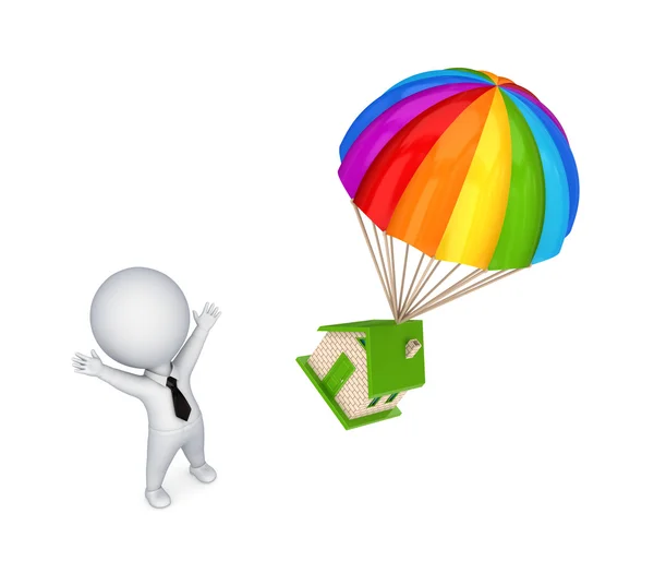 3d pessoa pequena e paraquedas coloridos . — Fotografia de Stock
