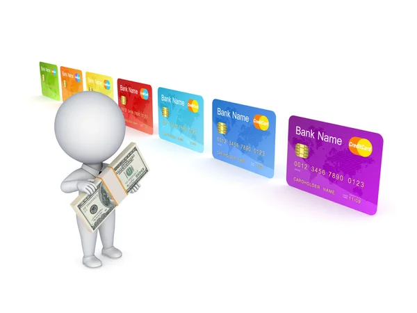 3D liten person och färgglada kreditkort. — Stockfoto