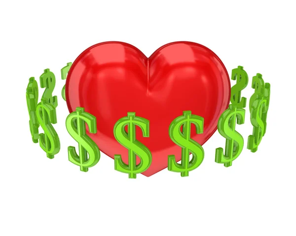 Signos de dólar alrededor del corazón rojo . — Foto de Stock