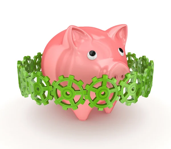 Colorful gears around pink piggy bank. — Stock Photo, Image