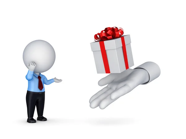 3D liten person söker en presentförpackning. — Stockfoto