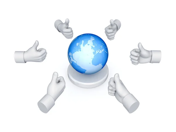 Hands with thumbs up around globe. — Stock Photo, Image