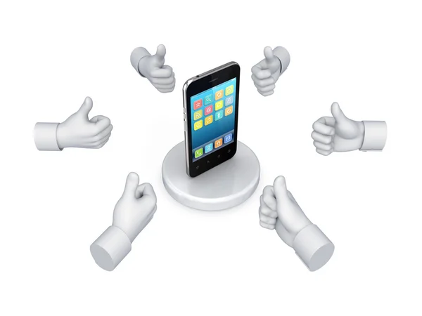 Hands with thumbs up around modern mobile phone. — Stock Photo, Image