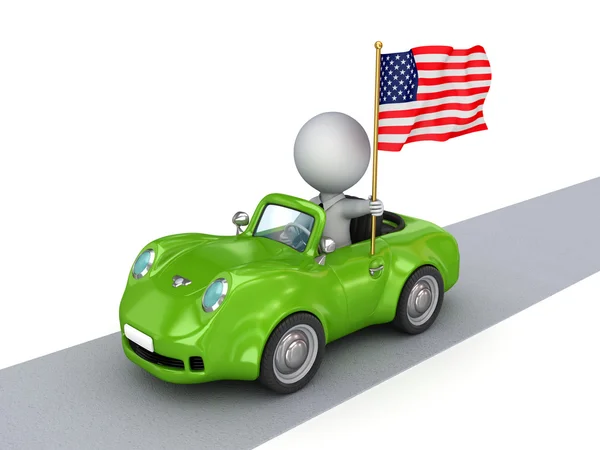 3D маленький чоловік на помаранчевий автомобіль з американським прапором. — стокове фото