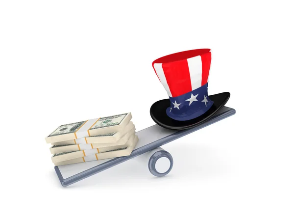 Dollar packs and uncle sam's hat on a scales. — Stock Photo, Image