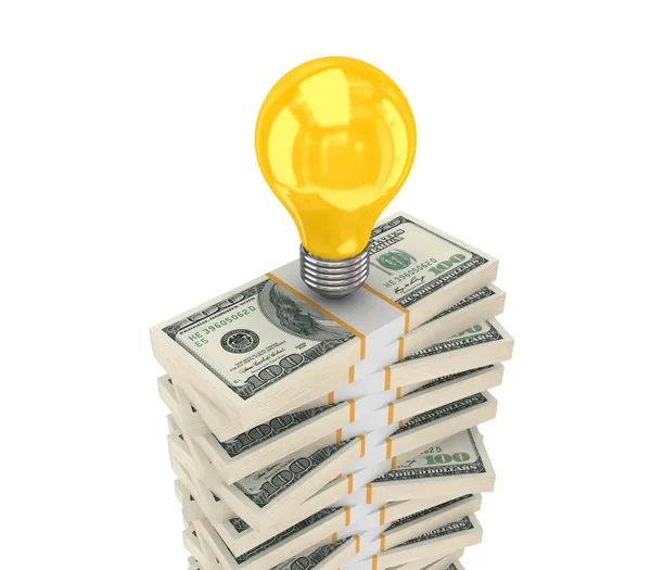 Stack of dollars and idea symbol. — Stock Photo, Image