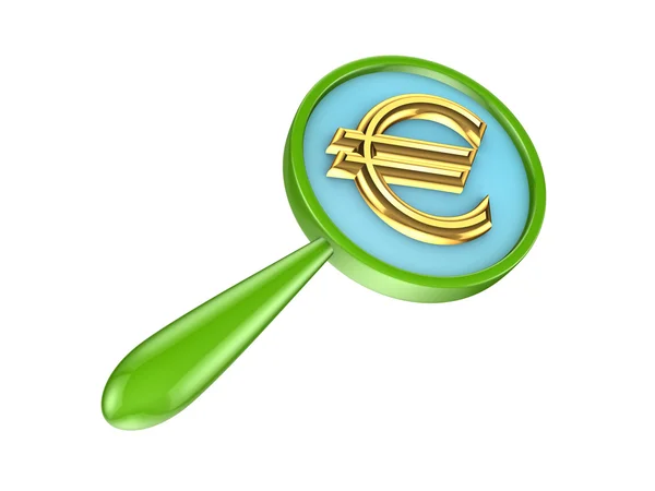 Groene loep en gouden eurosymbool. — Stockfoto
