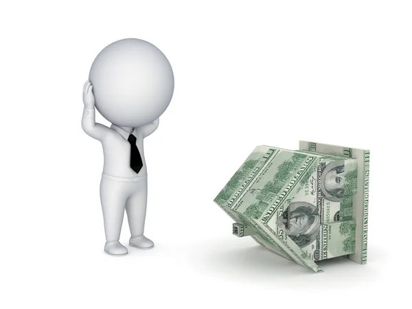 Stressed 3d small person and house made of money. — Stock Photo, Image