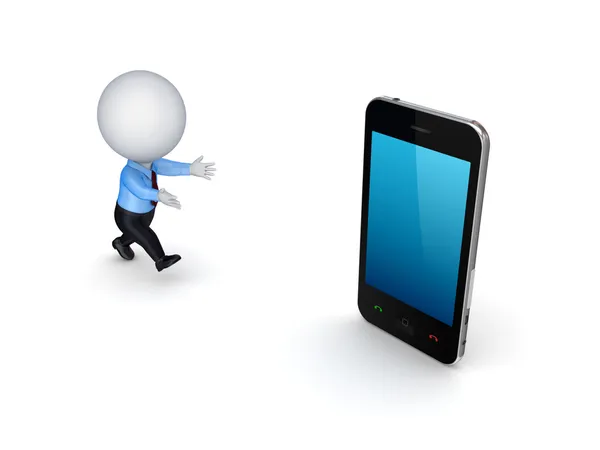 3D-kleine persoon en moderne mobiele telefoon. — Stockfoto