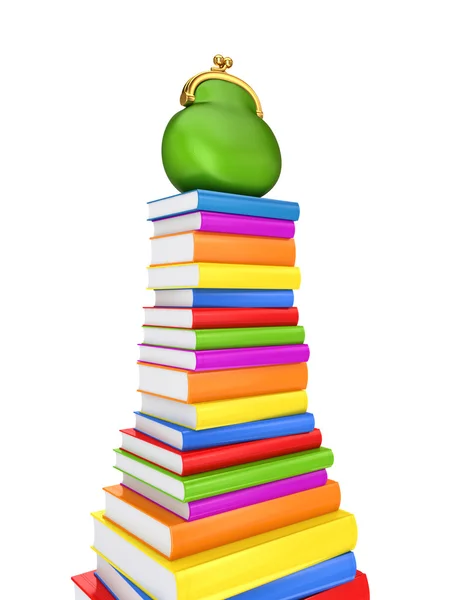 Green purse on a colorful books. — Stock Photo, Image
